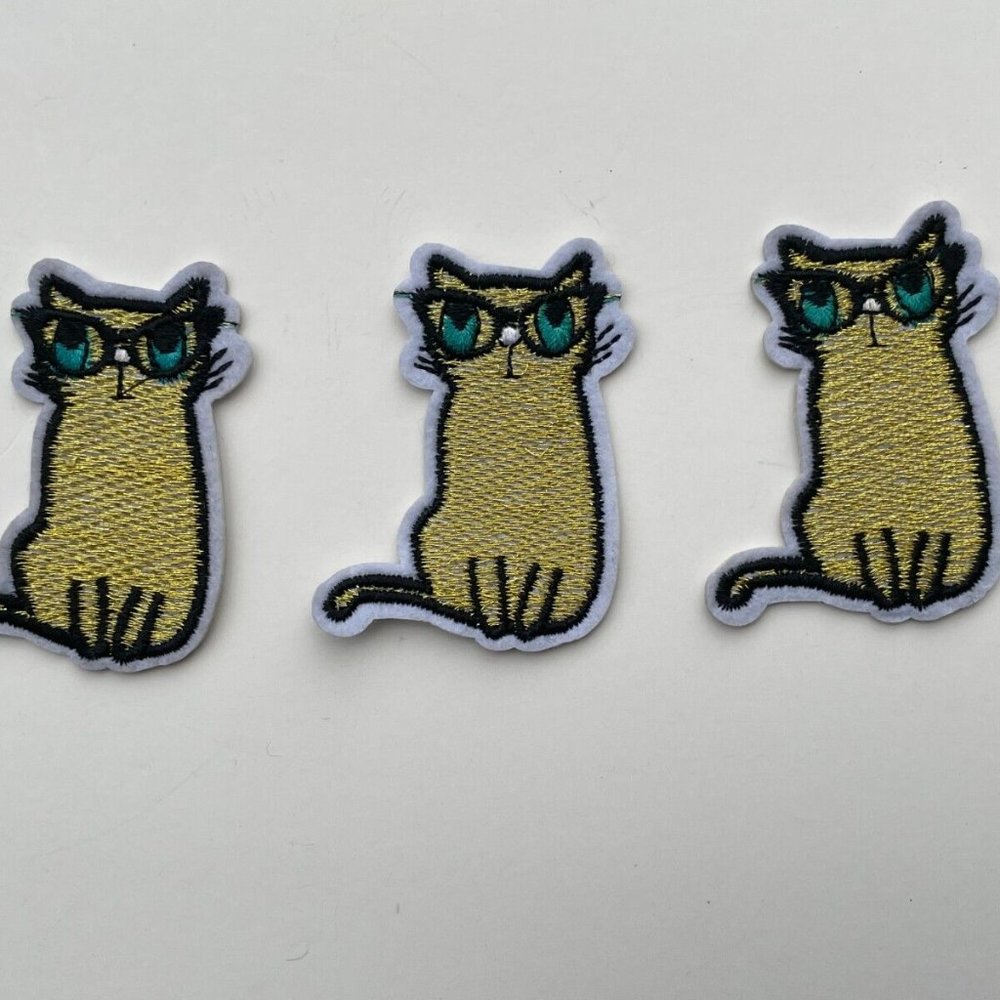 Cat Patches Iron On Embroidery Gold Tone Patches for Clothes Craft Lot of 3